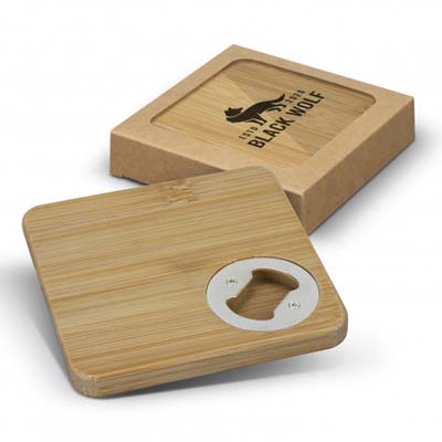 The TRENDS Bamboo Bottle Opener Coaster Set of 2 is 2 x natural bamboo coasters with bottle opener on underside.  Engraving or printing available.