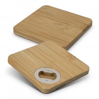 The TRENDS Bamboo Bottle Opener Coaster Set of 2 is 2 x natural bamboo coasters with bottle opener on underside.  Engraving or printing available.