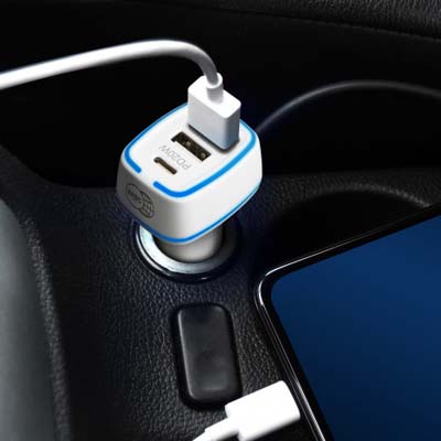 The TRENDS Photon Car Charger is an essential fast car charger with 3 charging points.  Branding available.  Great promo products for your clients or staff travels.
