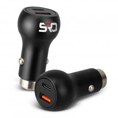 The TRENDS Gideon Safety Car Charger is a handy car charger with dual charging ports.  Built in safety hammer.  Print or engraving available. 