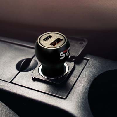 The TRENDS Gideon Safety Car Charger is a handy car charger with dual charging ports.  Built in safety hammer.  Print or engraving available. 