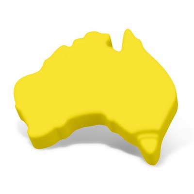The TRENDS Stress Australia is a squeezable stress reliever.  Shape of Australia.  Yellow.  Ready to be branded with 1 colour or full colour print.