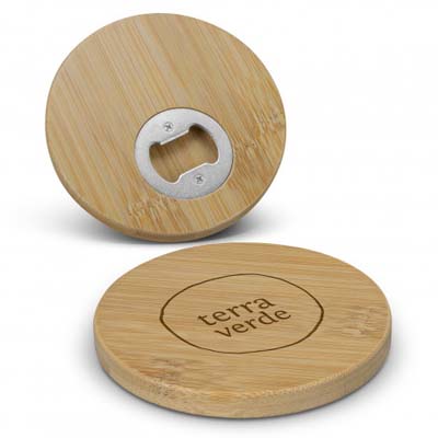 The TRENDS Bamboo Bottle Opener Coaster Round is a circular coaster made from bamboo,  In built bottle opener.  Print or engraving available.  