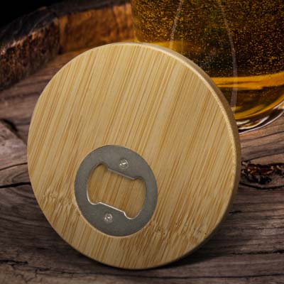 The TRENDS Bamboo Bottle Opener Coaster Round is a circular coaster made from bamboo,  In built bottle opener.  Print or engraving available.  