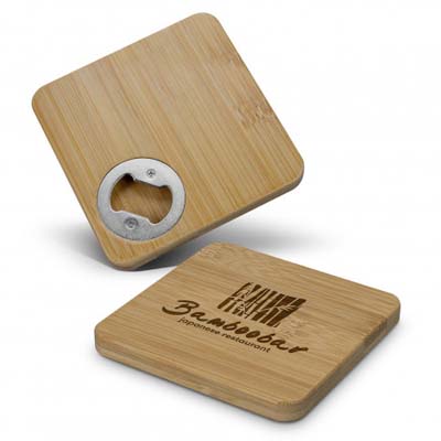 The TRENDS Bamboo Bottle Opener Coaster is a natural bamboo coaster with built in bottle opener.  Print or engraved logo available.  