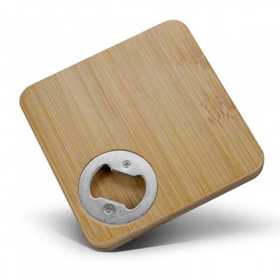The TRENDS Bamboo Bottle Opener Coaster is a natural bamboo coaster with built in bottle opener.  Print or engraved logo available.  