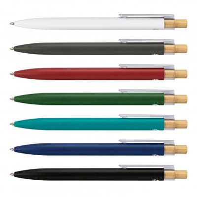 The TRENDS Windsor Pen is a retractable ball point pen. Recycled Aluminium barrel. Black Ink. Silver Clip, Bamboo Pusher. 7 colours.