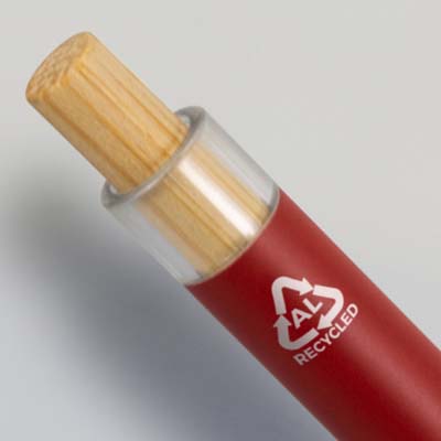 The TRENDS Windsor Pen is a retractable ball point pen.  Recycled Aluminium barrel.  Black Ink.  Silver Clip, Bamboo Pusher.  7 colours. 