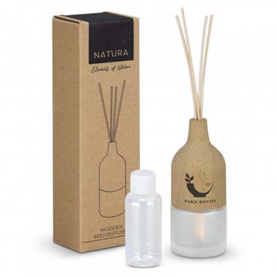 The TRENDS Natura Wooden Reed Diffuser is an elegant refillable reed diffuser.  French Pear fragrance.  Branding available - engraving or print. 