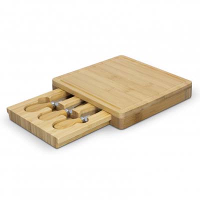 The TRENDS Natura Kensington Cheese Board square is a bamboo board with slide out cutlery drawer.  Laser Engraving available with your logo.  