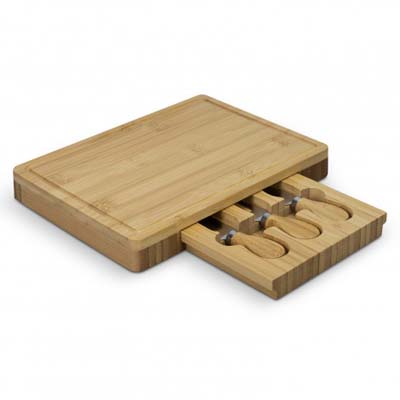 The TRENDS Natura Kensington Cheese Board is a quality rectangular bamboo cheese board. Slide out cutlery door. Engraving available.