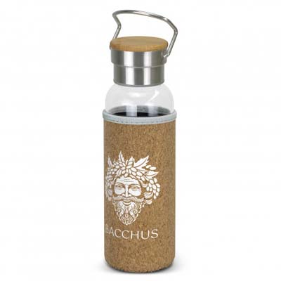 The TRENDS Nomad Glass Bottle - Cork Sleeve is a 600ml borosilicate glass bottle with sleeve.  Printing or full colour transfer available.
