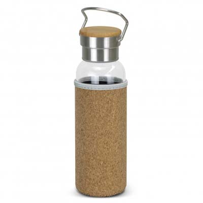 The TRENDS Nomad Glass Bottle - Cork Sleeve is a 600ml borosilicate glass bottle with sleeve.  Printing or full colour transfer available.