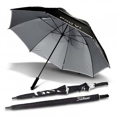 The Titleist Tour Double Canopy Umbrella is a high performance umbrella from Titleist. 8 panel. Black. Printed with Titleist branding with your logo added.