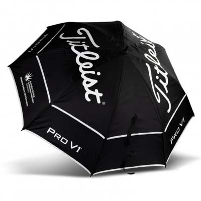The Titleist Tour Double Canopy Umbrella is a high performance umbrella from Titleist. 8 panel. Black. Printed with Titleist branding with your logo added.