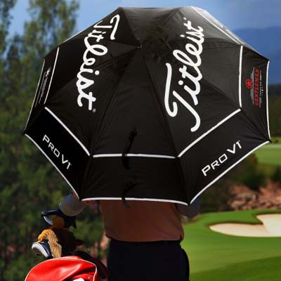 The Titleist Tour Double Canopy Umbrella is a high performance umbrella from Titleist.  8 panel.  Black.  Printed with Titleist branding with your logo added.