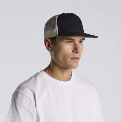 The AS Colour Stock Contrast Trucker Cap is a high profile, snapback cap.  Tonal under peak lining.  Mesh Back.  6 colours.  Just add your logo.
