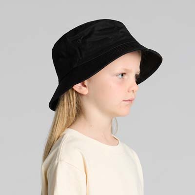 The AS Colour Kids Bucket Hat is a 100% cotton, light - mid weight bucket hat for kids.  Perfect to pair with the adults.  Black or Navy.  Just add your logo.