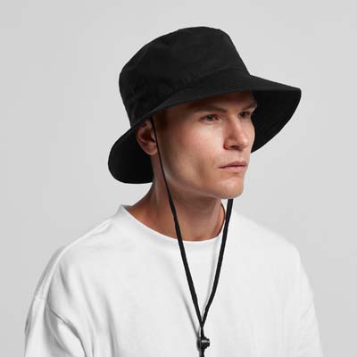 The AS Colour Wide Brim Bucket Hat is a light - mid weight cotton bucket hat with reinforced large brim. 2 colours.  Branded bucket hats ready for your team.