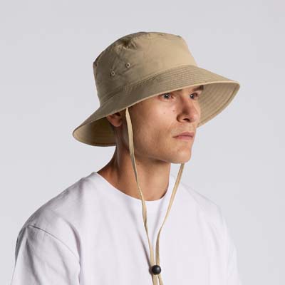 The AS Colour Nylon Wide Brim Bucket Hat is a lightweight, quick dry recycled nylon.  5 colours.  Great branded summer bucket hats for your team.