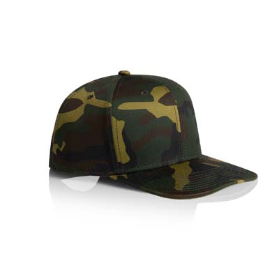 The AS Colour Stock Camo Cap is a structured front, snapback, flat peak cap.  High profile, 100% cotton.  Just add your logo. 