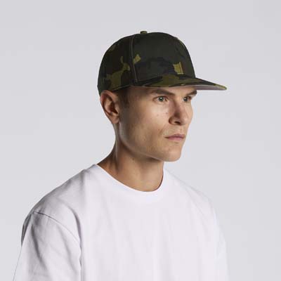 The AS Colour Stock Camo Cap is a structured front, snapback, flat peak cap.  High profile, 100% cotton.  Just add your logo. 
