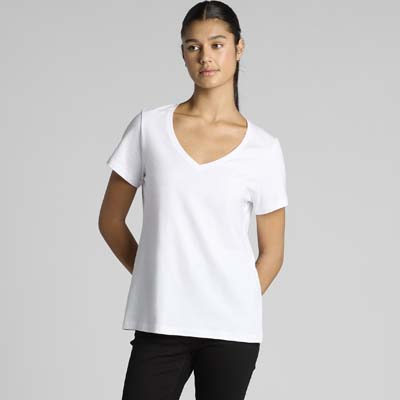 The AS Colour Maple V Neck Tee is a mid weight, 180gsm cotton tee with a v neck.  In black and white.  Just add your logo front and back.