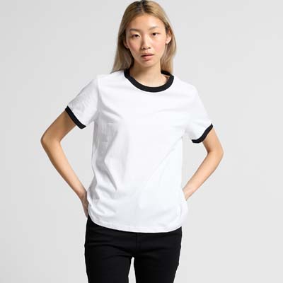 The AS Colour Maple Ringer Tee is a mid weight, regular 180gsm cotton tee.  3 colourways.  XS - XL.  Great womens tees with a contrast rib.