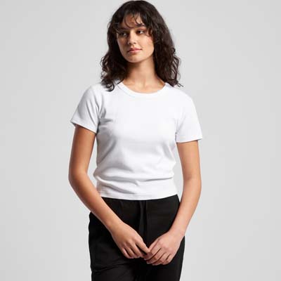 The AS Colour Organic Rib Baby Tee is a heavyweight, 200gsm organic cotton rib tee.  Black and White.  Ready to add your logo. 