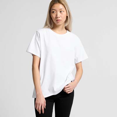 The AS Colour Womens Classic Minus Tee is a heavyweight 220gsm cotton tee.  Relaxed fit.  Black and white.  XS - 2XL.  Great printed retail tees.