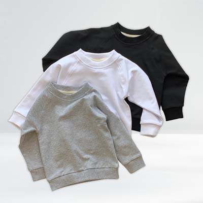 The Baby Blanks Winter Crew is a 100% cotton, elastane, unbrushed fleece.  9 colours.  Size 1 - 5.  Generous fit.  Good length.  Great printable kids crews.