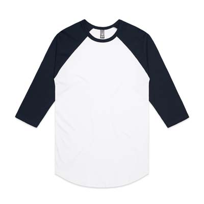 The AS Colour Raglan Tee is a 150gsm, 100% cotton 3/4 sleeve tee with contrast sleeves. Available in 4 colour combinations. Sizes XS - 2XL.