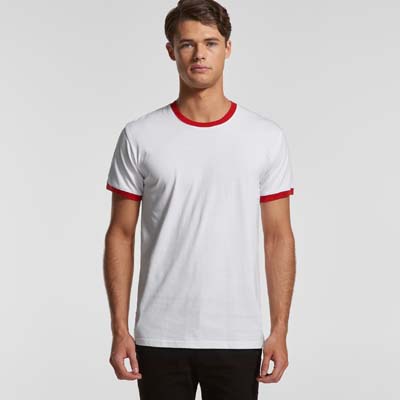 The AS Colour Staple Ringer Tee is a regular 180gsm combed cotton tee.  Contrast cuffs and neck line.  3 colours.  S - 3xl available.  Great branded tees from AS Colour.