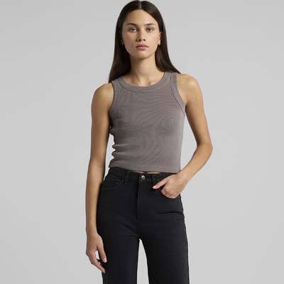 The AS Colour Womens Faded Organic Crop Tank is a slim fitting, heavyweight 330gsm cotton singlet.  2 colours.  XS - 2XL.  Great branded rib singlets.