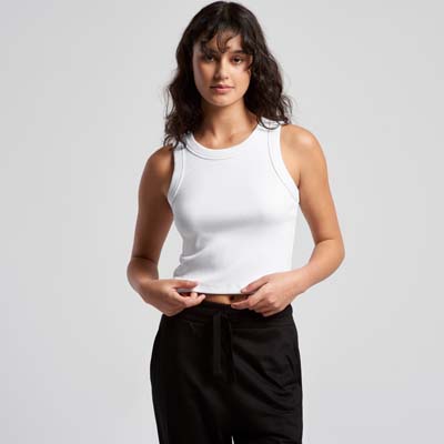 The AS Colour Womens Organic Rib Crop Tank is a heavyweight, 330gsm 95% cotton singlet.  11 colours.  XS - XL.  Great option for branded crop singlets from AS Colour.