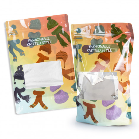 The TRENDS Foil Stand Up pouch is an xl pouch with resealable zip lock closure.  Matt or gloss finish and can include window.  Full colour branding.