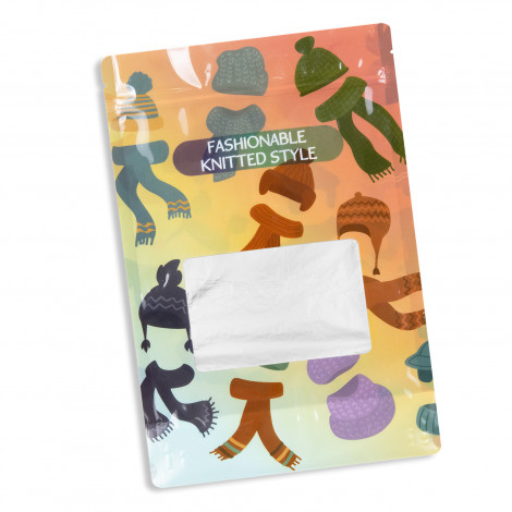 The TRENDS Foil Stand Up pouch is an xl pouch with resealable zip lock closure.  Matt or gloss finish and can include window.  Full colour branding.