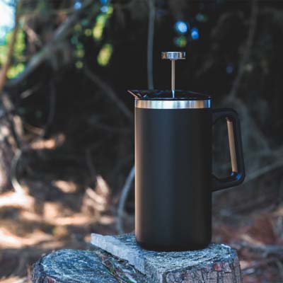 The Frontier Base Camp Coffee Press is a double wall vacuum insulated coffee press.  1.1 litre capacity.  Powder coated finish. Print your logo or engrave.