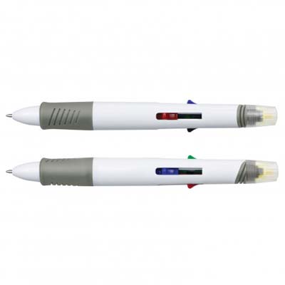 The TRENDS Tetra Highlighter Pen is a retractable plastic ballpoint pen with 4 refill colours and a highlighter.  Brand with your logo.