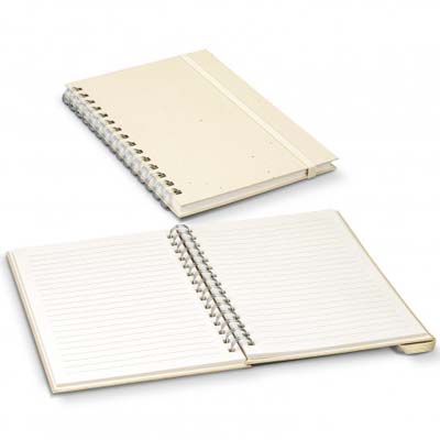The Terra Recycled Paper Spiral Notebook is an a5 wiro bound notebook crafter from certified recycled paper.  Natural.  Printing areas front and back.