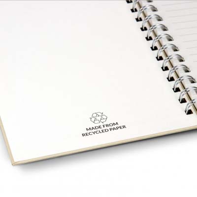 The Terra Recycled Paper Spiral Notebook is an a5 wiro bound notebook crafter from certified recycled paper.  Natural.  Printing areas front and back.