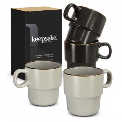 The Keepsake Stackable Coffee Cups are a set of 2 rustic 350ml stackable ceramic mugs. Have your logo printed on the cups for your client gifts and retail stock.
