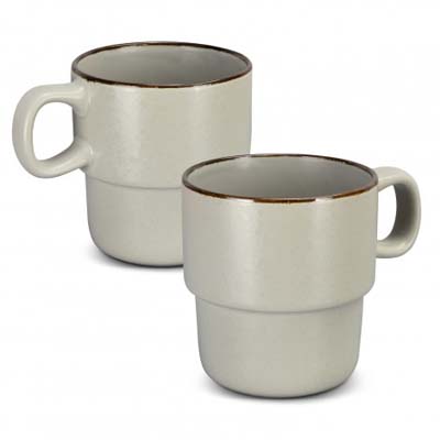 The Keepsake Stackable Coffee Cups are a set of 2 rustic 350ml stackable ceramic mugs. Have your logo printed on the cups for your client gifts and retail stock.