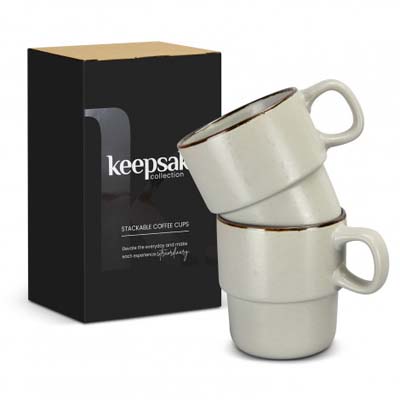 The Keepsake Stackable Coffee Cups are a set of 2 rustic 350ml stackable ceramic mugs. Have your logo printed on the cups for your client gifts and retail stock.