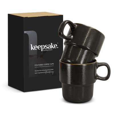The Keepsake Stackable Coffee Cups are a set of 2 rustic 350ml stackable ceramic mugs. Have your logo printed on the cups for your client gifts and retail stock.
