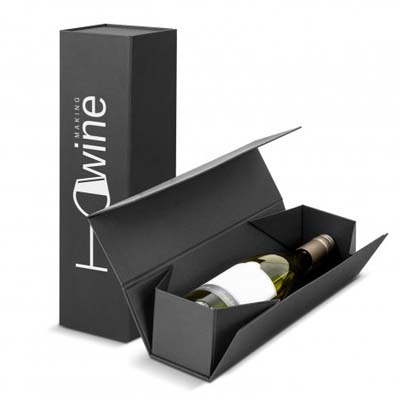 The TRENDS Malbec Wine Gift box is a 150gsm black card, side opening wine box with magnetic closure.  1 colour print available 