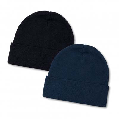 The TRENDS Everest Recycled Beanie is a warm knitted acrylic beanie with roll up cuff.  Recycled polyester.  Black or Navy.  Embroidery available.  