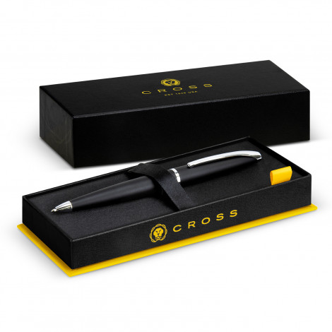 The Cross ATX Ballpoint Pen has a matte black lacquer finish and chrome plated appointments.  Engraving and print options available for branding.