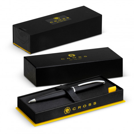 The Cross ATX Ballpoint Pen has a matte black lacquer finish and chrome plated appointments.  Engraving and print options available for branding.