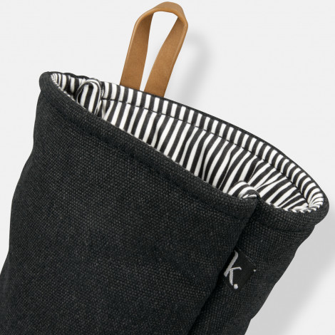The Keepsake Canvas Oven Mitt is a 300gsm cotton canvas mitt.  Washed black outer and black/white striped lining.  Add a full colour logo for your brand.